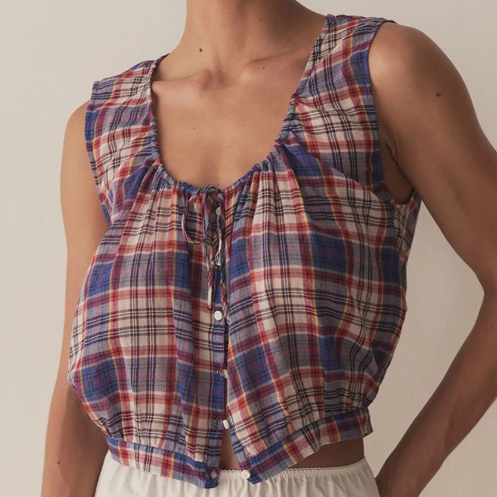 Doen Theo Cotton Voile Scoop Neck Tie Sleeveless Blouse Top Cote D’azure Plaid